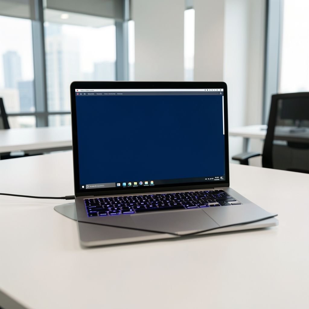 Laptop profesional deschis pe un birou modern alb cu tastatură iluminată și ecran de înaltă rezoluție, utilizat în mediu de birou corporativ